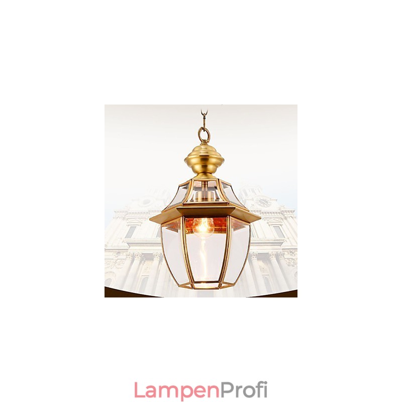 Kleine Pendelleuchte im amerikanischen Landhausstil, komplett aus Kupfer, Einzelglas C