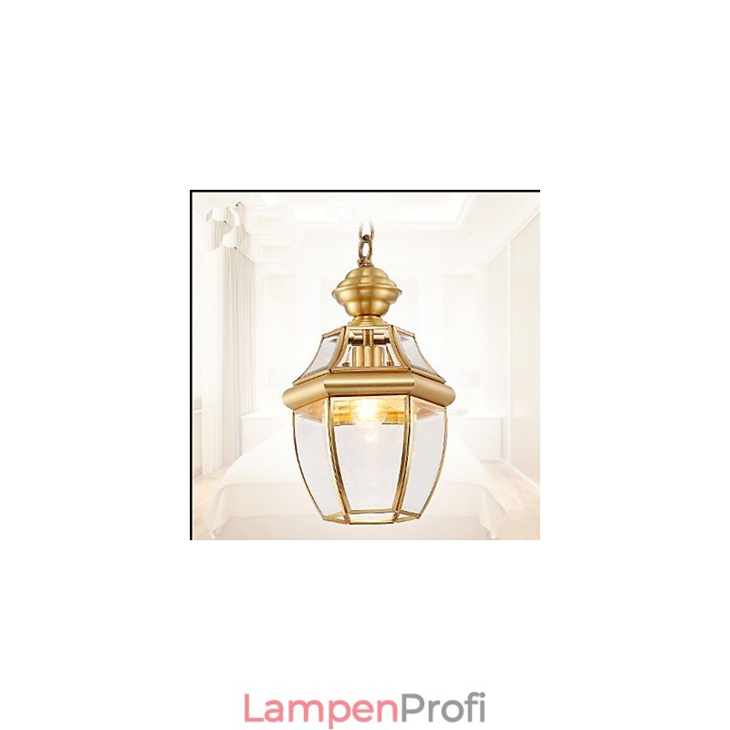 Kleine Pendelleuchte im amerikanischen Landhausstil, komplett aus Kupfer, Einzelglas C