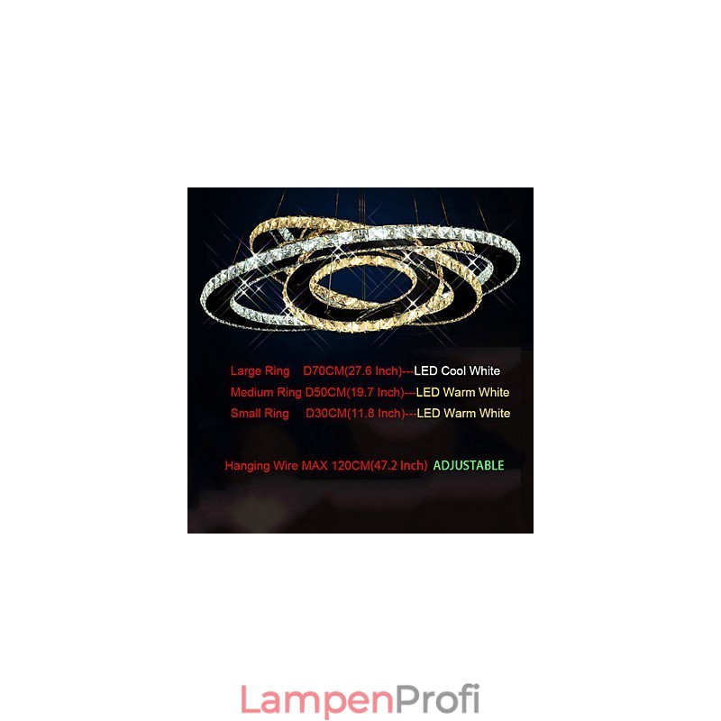 Kristall-Pendelleuchte, Deckenleuchter, Leuchten mit warmem und kaltem Weiß, 3 Ringe