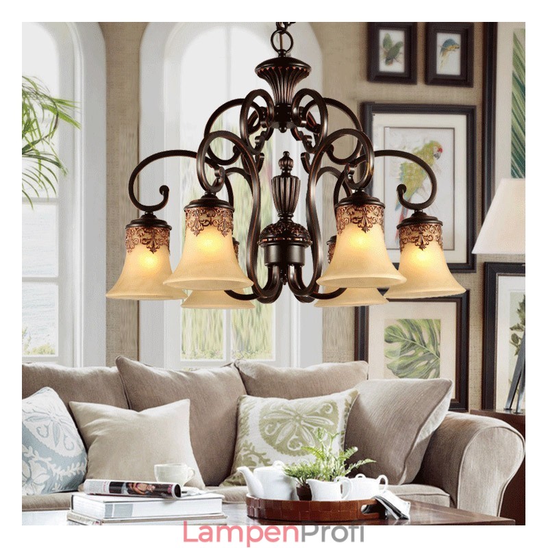 Kronleuchter Pendelleuchte 6 Lichter Vintage Country Island Metall + Glas