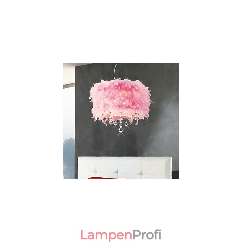 Kristall-Pendelleuchte mit 5 Lichtern in rosa Federschirm
