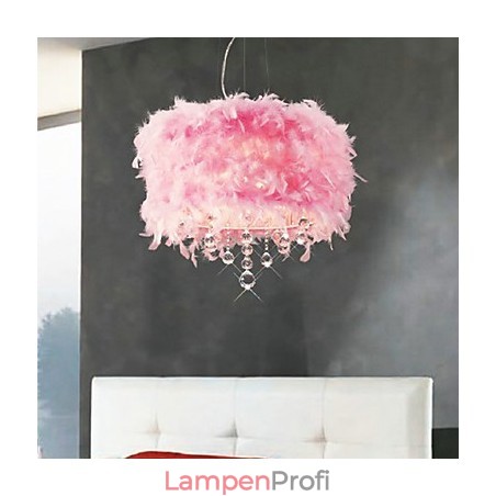 Kristall-Pendelleuchte mit 5 Lichtern in rosa Federschirm Kristall-Pendelleuchte mit 5 Lichtern in rosa Federschirm