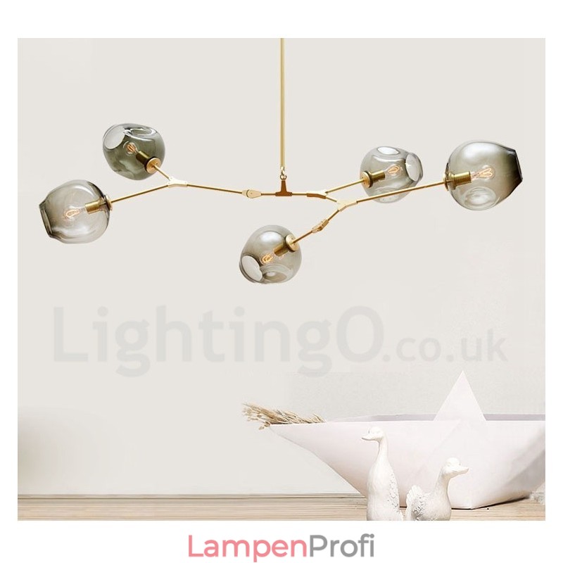 Moderner zeitgenössischer Kronleuchter mit 5 Lichtern und Glasschirmlampe