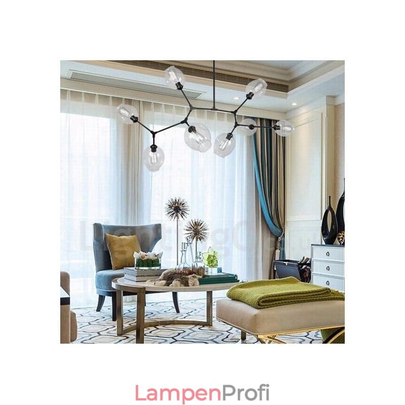 Moderner Kronleuchter mit 8 Lichtern, klarem Glasschirm und Lampe (Schwarz-Gold)