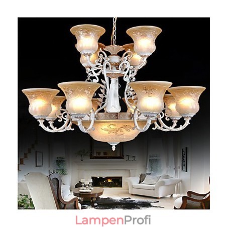 Weiß Kronleuchter Fünfzehn Lichter Muster Glas Schatten Hand Vergoldet Europäischen Retro