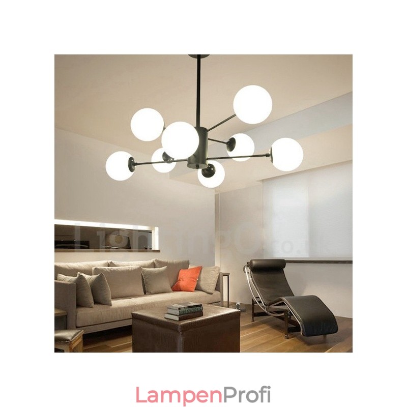 Schwarzer, moderner, zeitgenössischer Kronleuchter aus Metall mit 8 Lichtern und 2 Ebenen und Glasschirm