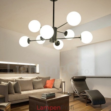 Schwarzer, moderner, zeitgenössischer Kronleuchter aus Metall mit 8 Lichtern und 2 Ebenen und Glasschirm