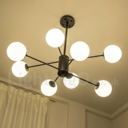 Schwarzer, moderner, zeitgenössischer Kronleuchter aus Metall mit 8 Lichtern und 2 Ebenen und Glasschirm