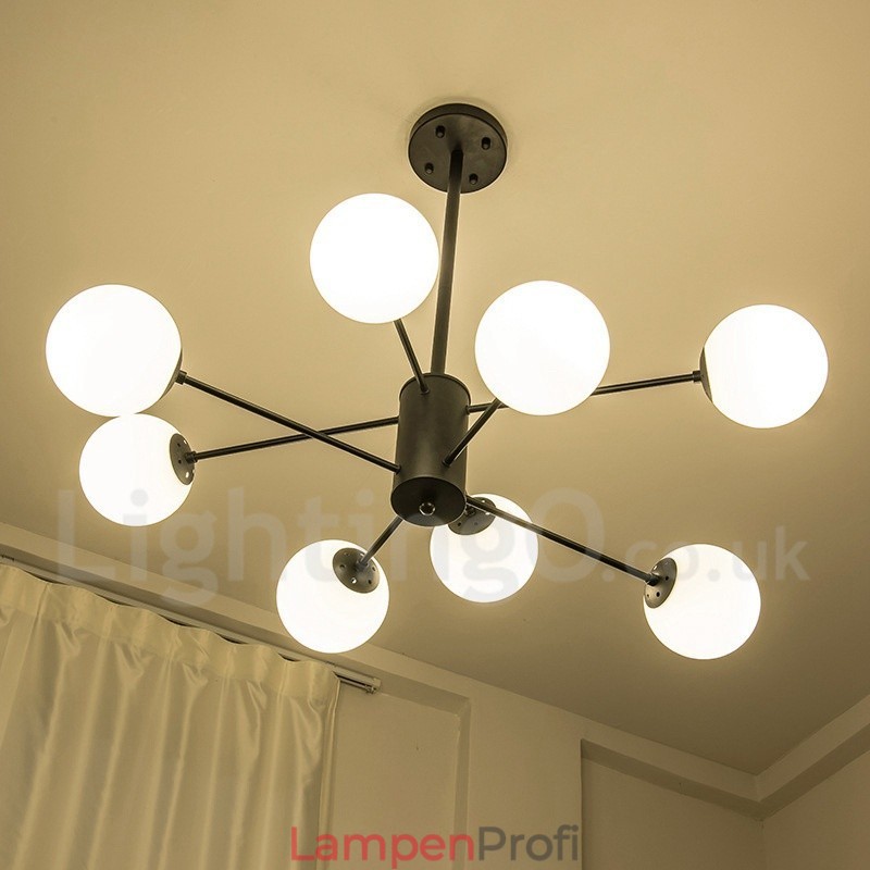 Schwarzer, moderner, zeitgenössischer Kronleuchter aus Metall mit 8 Lichtern und 2 Ebenen und Glasschirm
