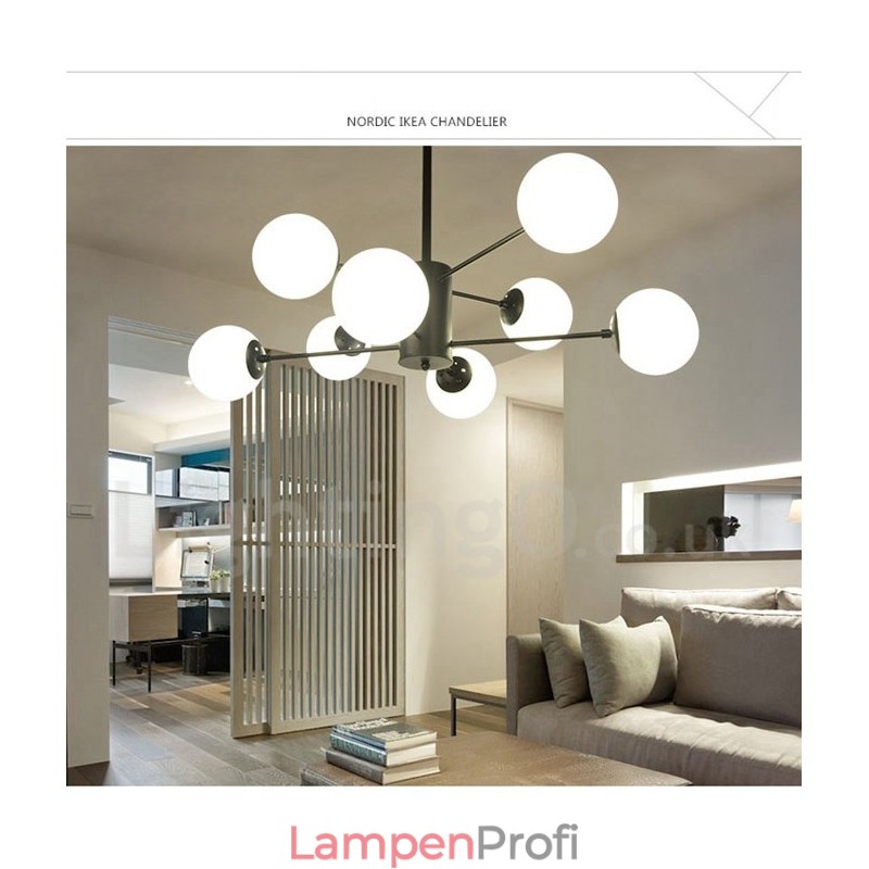 Schwarzer, moderner, zeitgenössischer Kronleuchter aus Metall mit 8 Lichtern und 2 Ebenen und Glasschirm