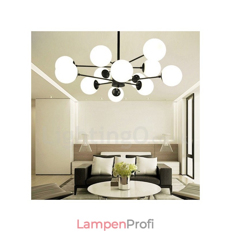 Schwarzer Kronleuchter aus Metall mit 12 Lichtern und 2 Ebenen und Glasschirm im modernen zeitgenössischen Stil