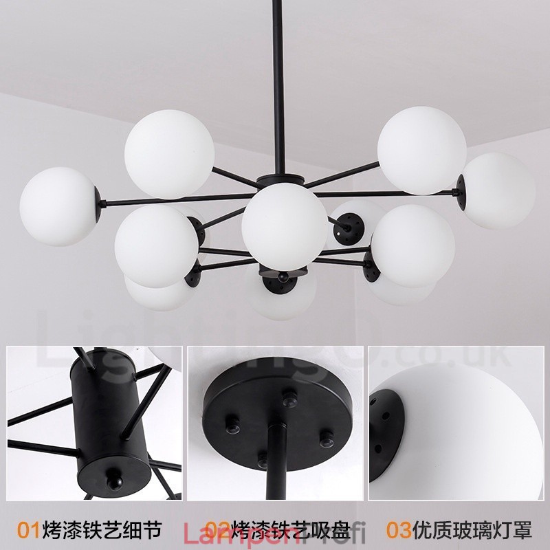 Schwarzer Kronleuchter aus Metall mit 12 Lichtern und 2 Ebenen und Glasschirm im modernen zeitgenössischen Stil