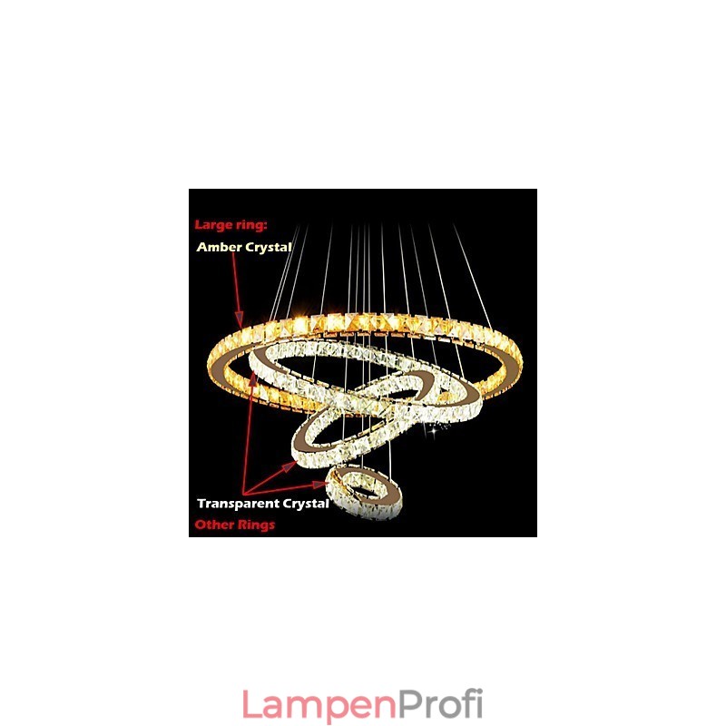 Moderne Kristall-Pendelleuchte, Deckenleuchter, Lampe mit 4 Ringen, großer Ring, Bernsteinkristall und andere klare Kristalle