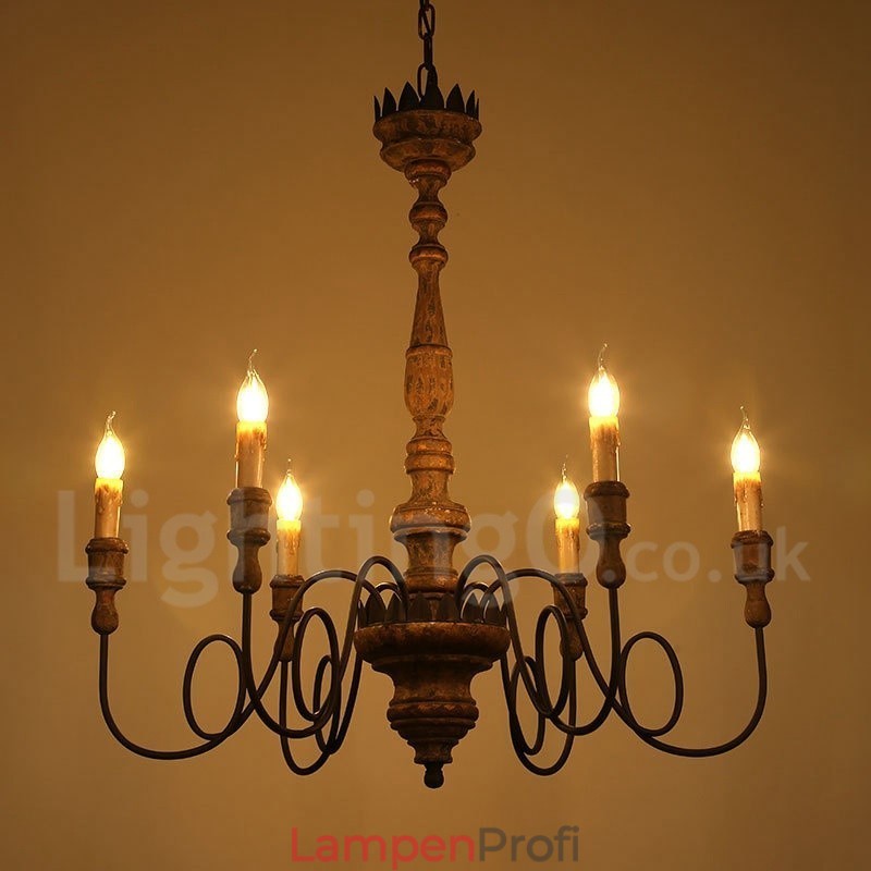 Landhaus Vintage Holz 6 Licht Kronleuchter Licht