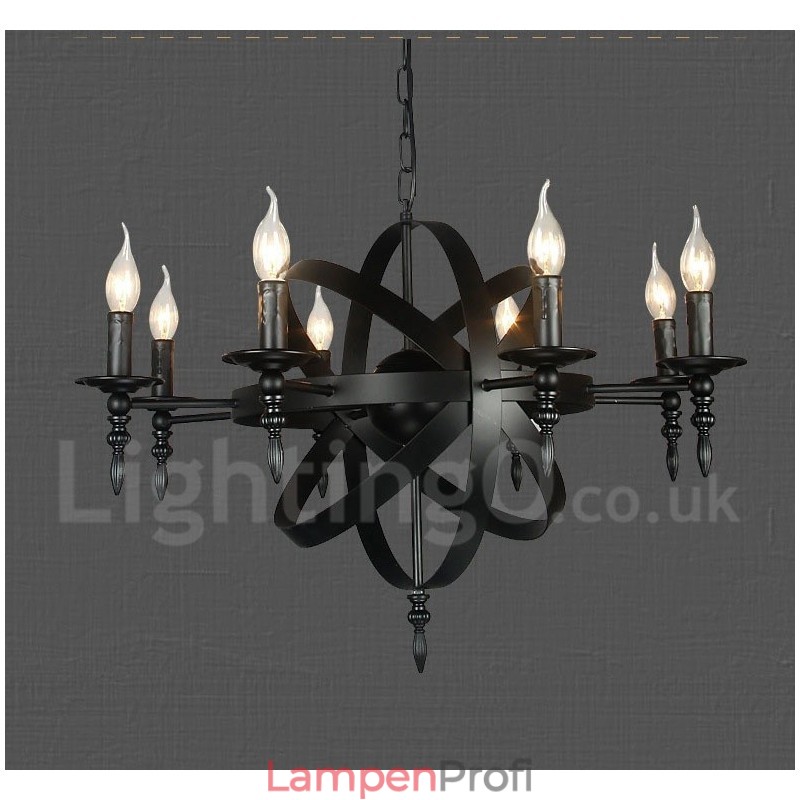 Schwarzes Retro Vintage Metall 8 Licht Single Tier Kronleuchter Licht