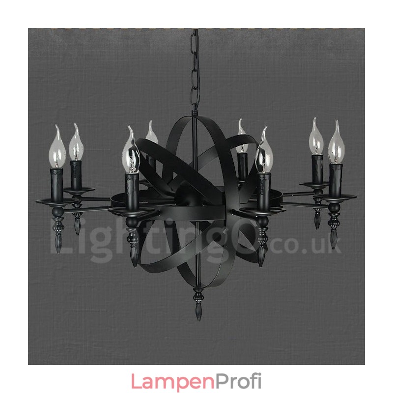 Schwarzes Retro Vintage Metall 8 Licht Single Tier Kronleuchter Licht