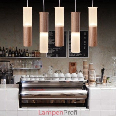 Moderne zeitgenössische 5-flammige Pendelleuchte aus Holz Moderne zeitgenössische 5-flammige Pendelleuchte aus Holz