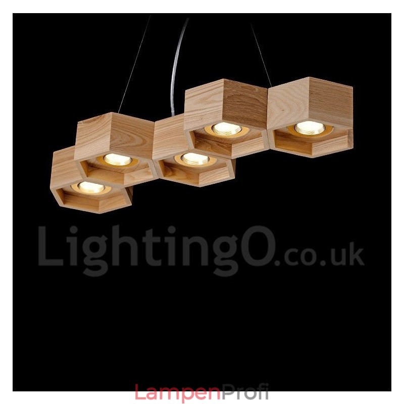 5-flammige Pendelleuchte aus Holz, modern und zeitgenössisch