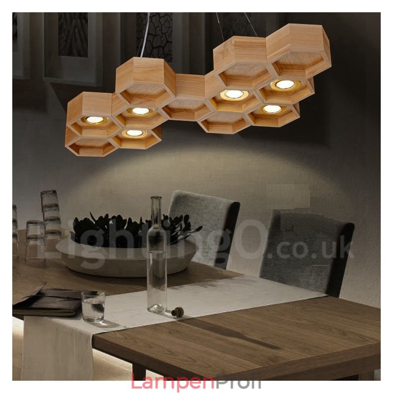 Moderne Pendelleuchte aus Holz mit 6 Lichtern