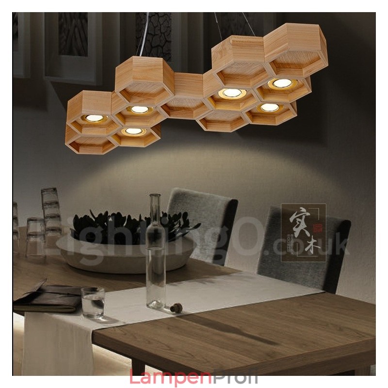 Moderne Pendelleuchte aus Holz mit 6 Lichtern