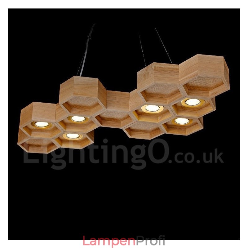 Moderne Pendelleuchte aus Holz mit 6 Lichtern