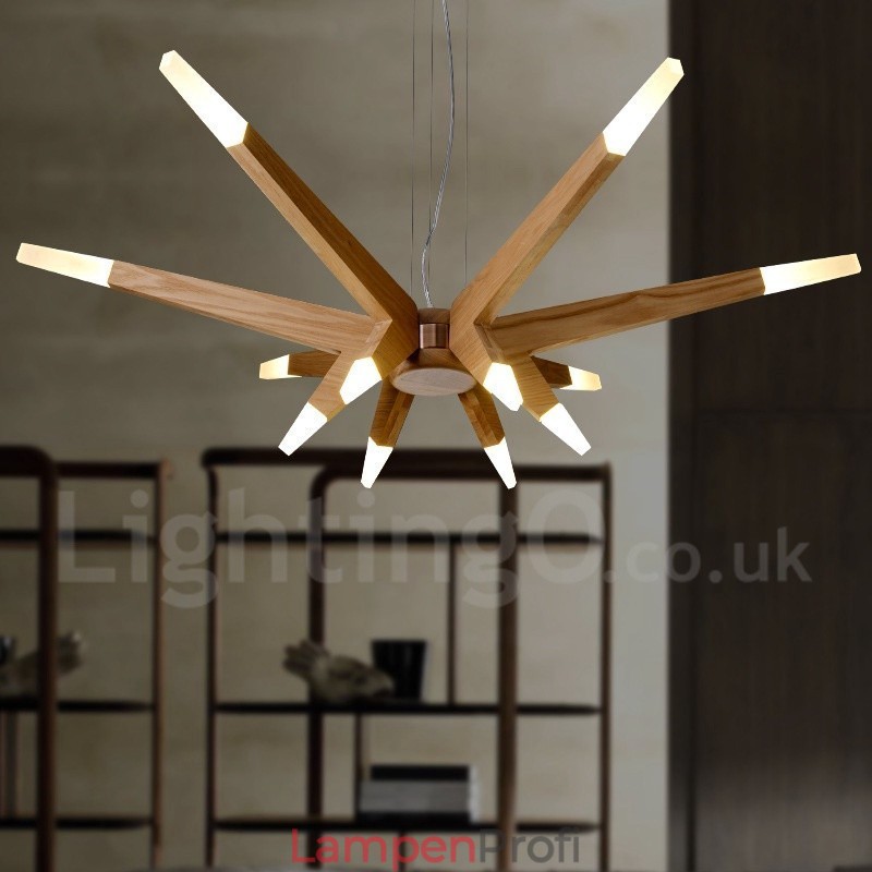 Moderne zeitgenössische Pendelleuchte aus Holz mit 12 Lichtern