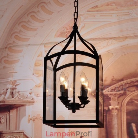 Rustikale Lodge-Pendelleuchte mit 4 Lichtern, aus schwarzem Metall, mit Glasschirm Rustikale Lodge-Pendelleuchte mit 4 Lichtern, aus schwarzem Metall, mit Glasschirm