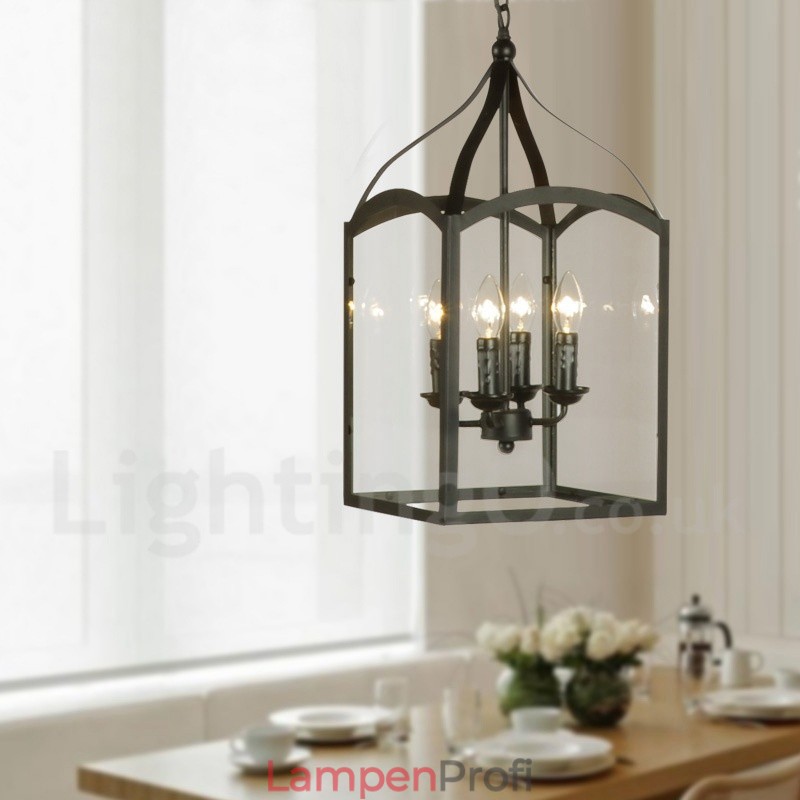 Rustikale Lodge-Pendelleuchte mit 4 Lichtern, aus schwarzem Metall, mit Glasschirm