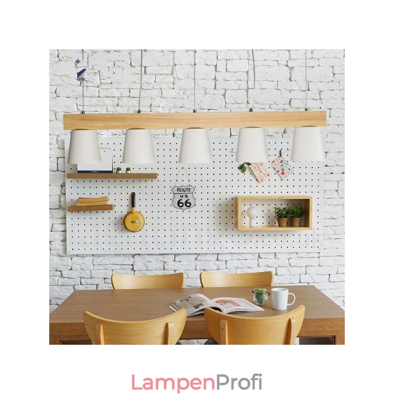 5-flammige, moderne Pendelleuchte aus Holz