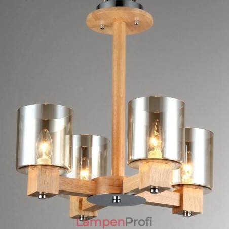 4-flammiger moderner Kronleuchter im nordischen Stil aus Holz mit Glasschirm 4-flammiger moderner Kronleuchter im nordischen Stil aus Holz mit Glasschirm