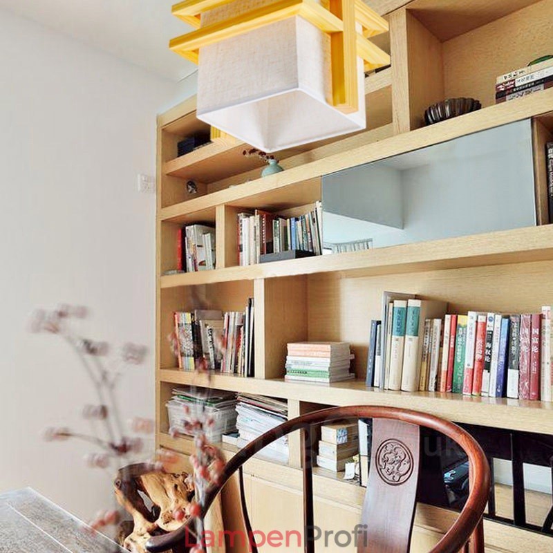 1-flammige Hängeleuchte aus Holz im Retro-Vintage-Stil mit Stoffschirm