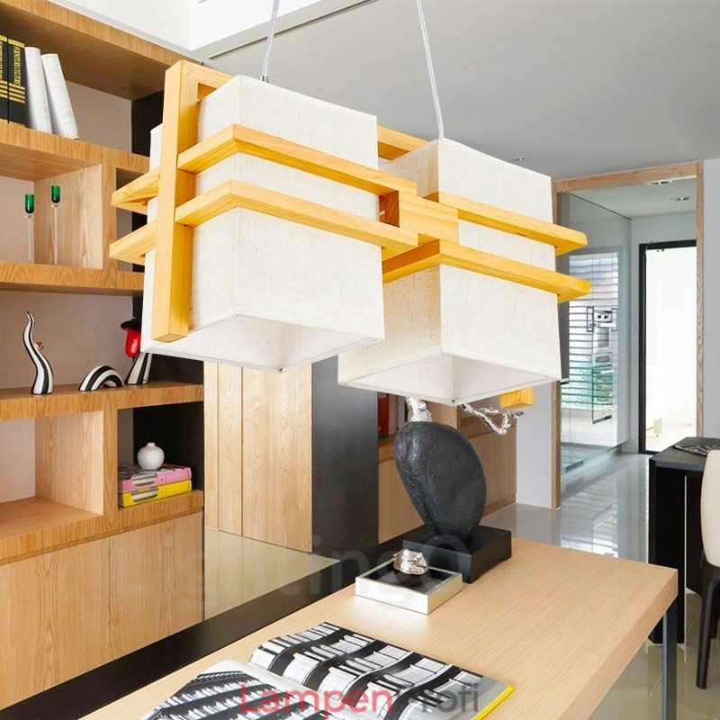 2-flammige Hängeleuchte aus Holz im Retro-Vintage-Stil mit Stoffschirm