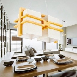 2-flammige Hängeleuchte aus Holz im Retro-Vintage-Stil mit Stoffschirm