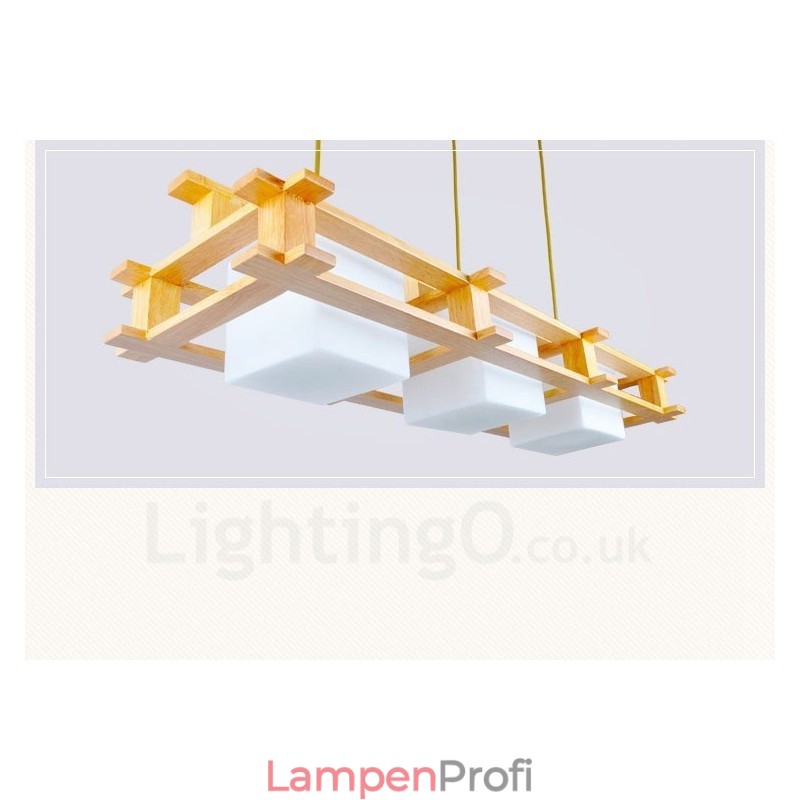 3-flammige Pendelleuchte aus Holz im modernen, zeitgenössischen nordischen Stil mit Glasschirm