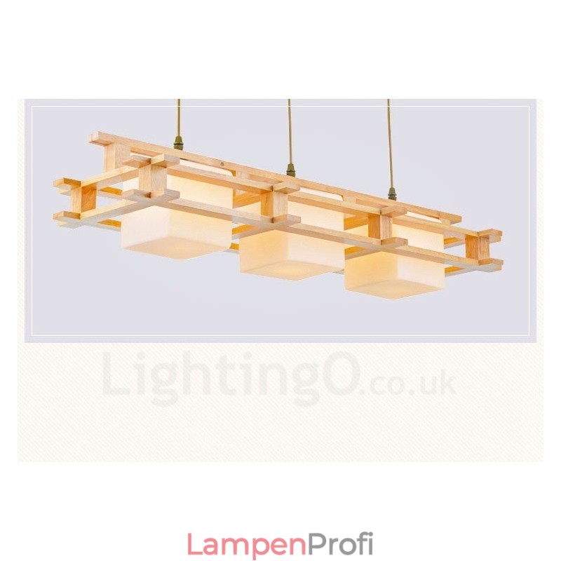 3-flammige Pendelleuchte aus Holz im modernen, zeitgenössischen nordischen Stil mit Glasschirm