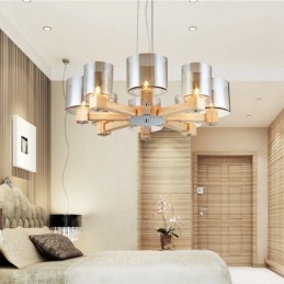 8-flammige Pendelleuchte aus Holz, modern und im nordischen Stil, mit Glasschirm