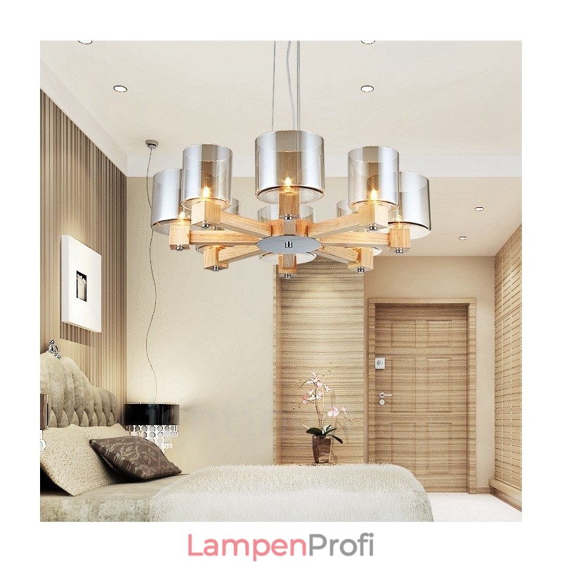 8-flammige Pendelleuchte aus Holz, modern und im nordischen Stil, mit Glasschirm