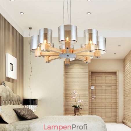 8-flammige Pendelleuchte aus Holz, modern und im nordischen Stil, mit Glasschirm 8-flammige Pendelleuchte aus Holz, modern und im nordischen Stil, mit Glasschirm