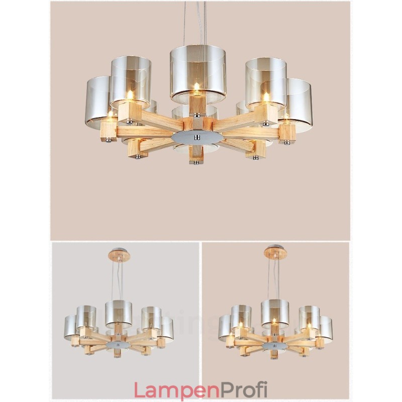 8-flammige Pendelleuchte aus Holz, modern und im nordischen Stil, mit Glasschirm