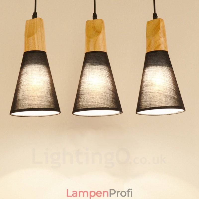 Moderne Pendelleuchte mit 3 Lichtern aus Holz und Stoffschirm