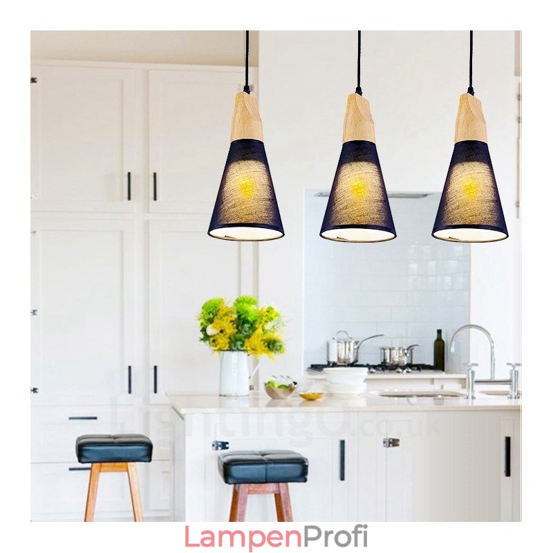 Moderne Pendelleuchte mit 3 Lichtern aus Holz und Stoffschirm