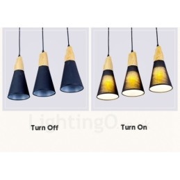 Moderne Pendelleuchte mit 3 Lichtern aus Holz und Stoffschirm