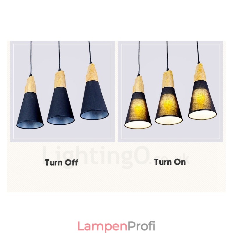 Moderne Pendelleuchte mit 3 Lichtern aus Holz und Stoffschirm
