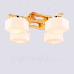 4-flammige Pendelleuchte aus Holz, modern und im nordischen Stil, mit Glasschirm