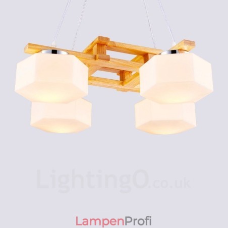 4-flammige Pendelleuchte aus Holz, modern und im nordischen Stil, mit Glasschirm 4-flammige Pendelleuchte aus Holz, modern und im nordischen Stil, mit Glasschirm