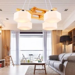 4-flammige Pendelleuchte aus Holz, modern und im nordischen Stil, mit Glasschirm