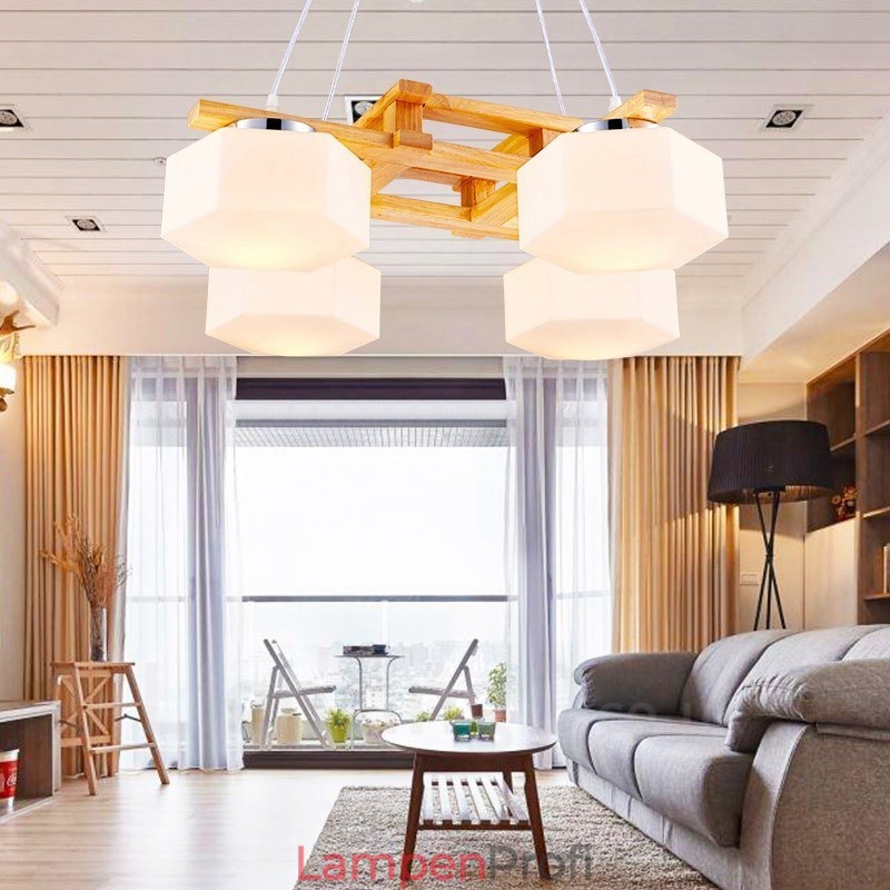 4-flammige Pendelleuchte aus Holz, modern und im nordischen Stil, mit Glasschirm