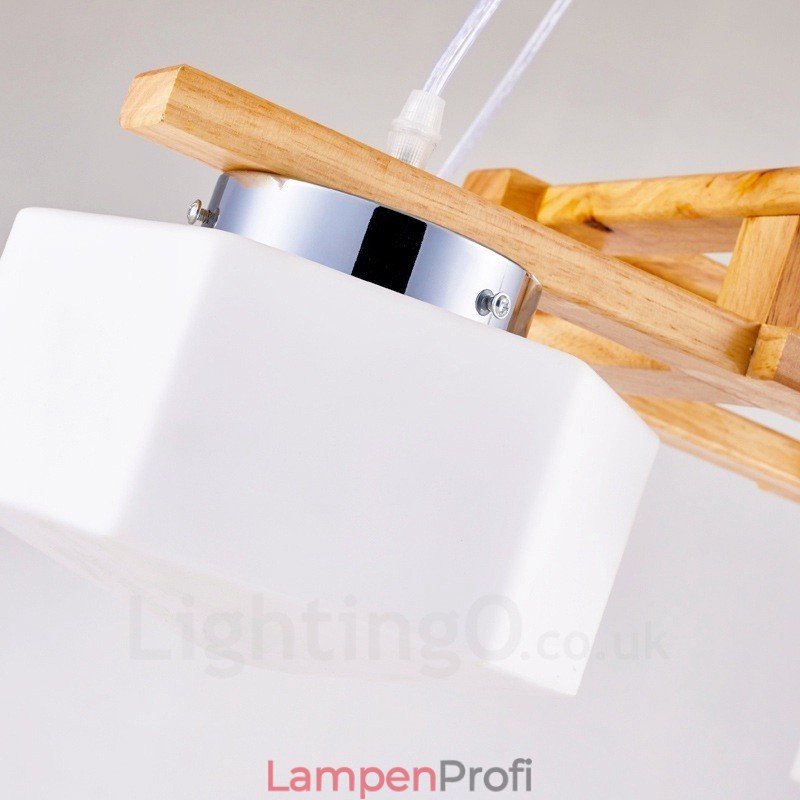 4-flammige Pendelleuchte aus Holz, modern und im nordischen Stil, mit Glasschirm