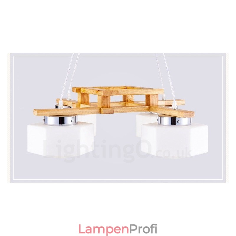 4-flammige Pendelleuchte aus Holz, modern und im nordischen Stil, mit Glasschirm