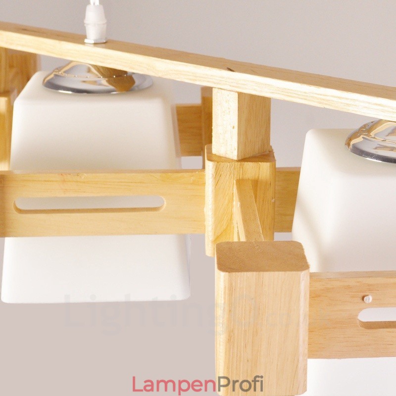 3-flammige Pendelleuchte aus Holz im modernen, zeitgenössischen nordischen Stil mit Stoffschirm